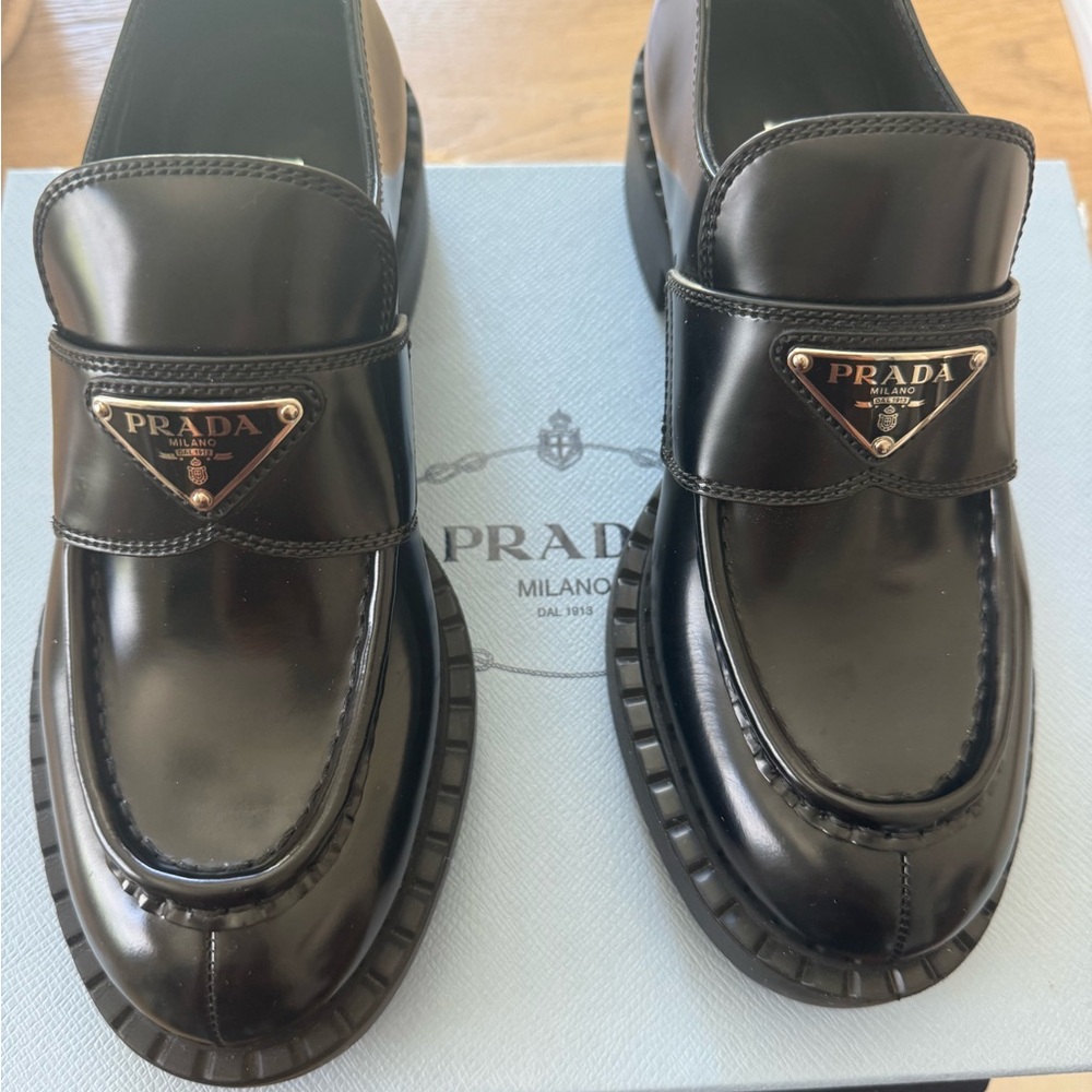 Prada Chocolate brushed leather loafers, Black Leather Loafers with Chunky Sole